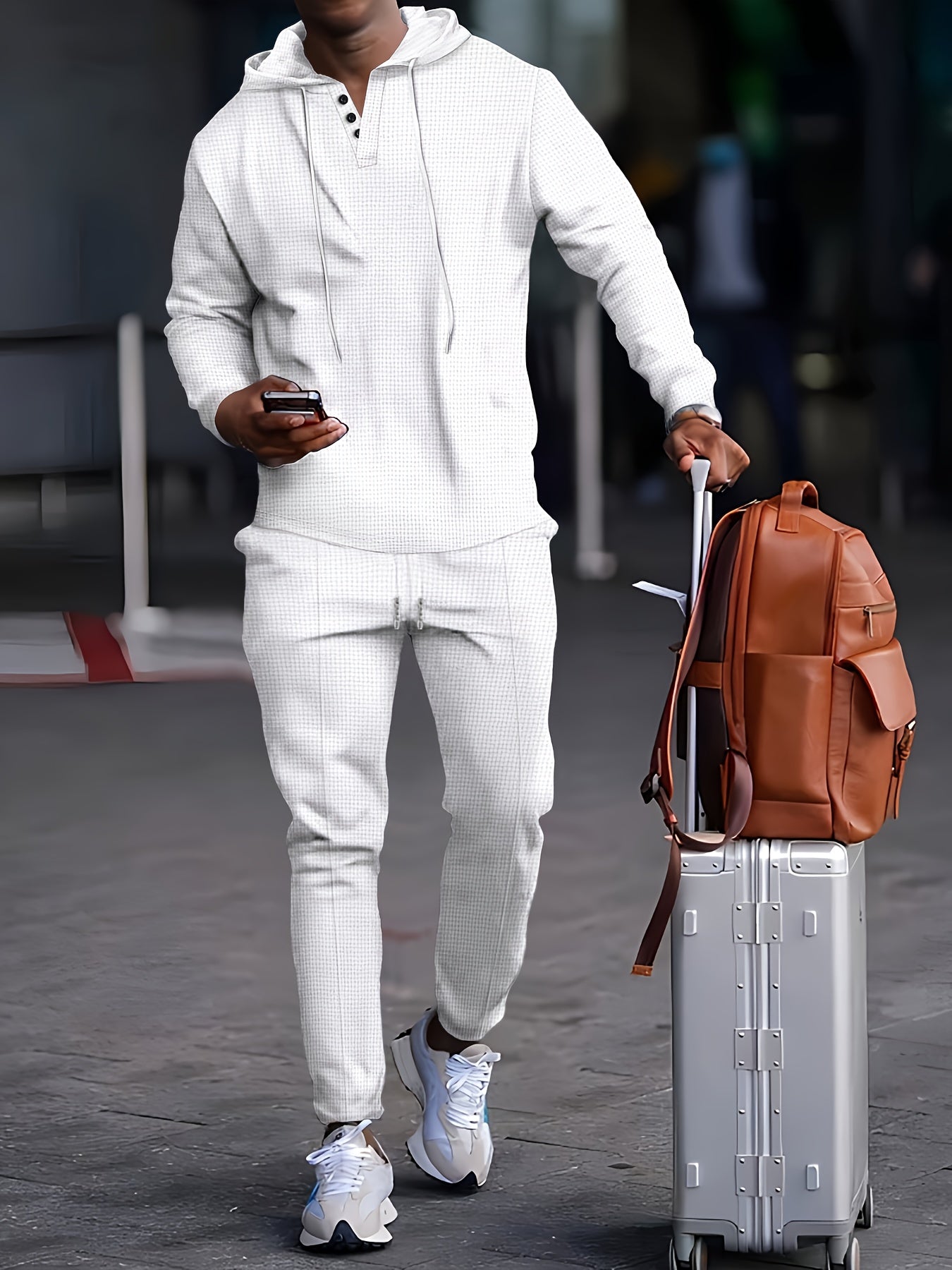 Men's Long Sleeve Hoodie and Pants Set Solid Waffle Knit Casual Autumn