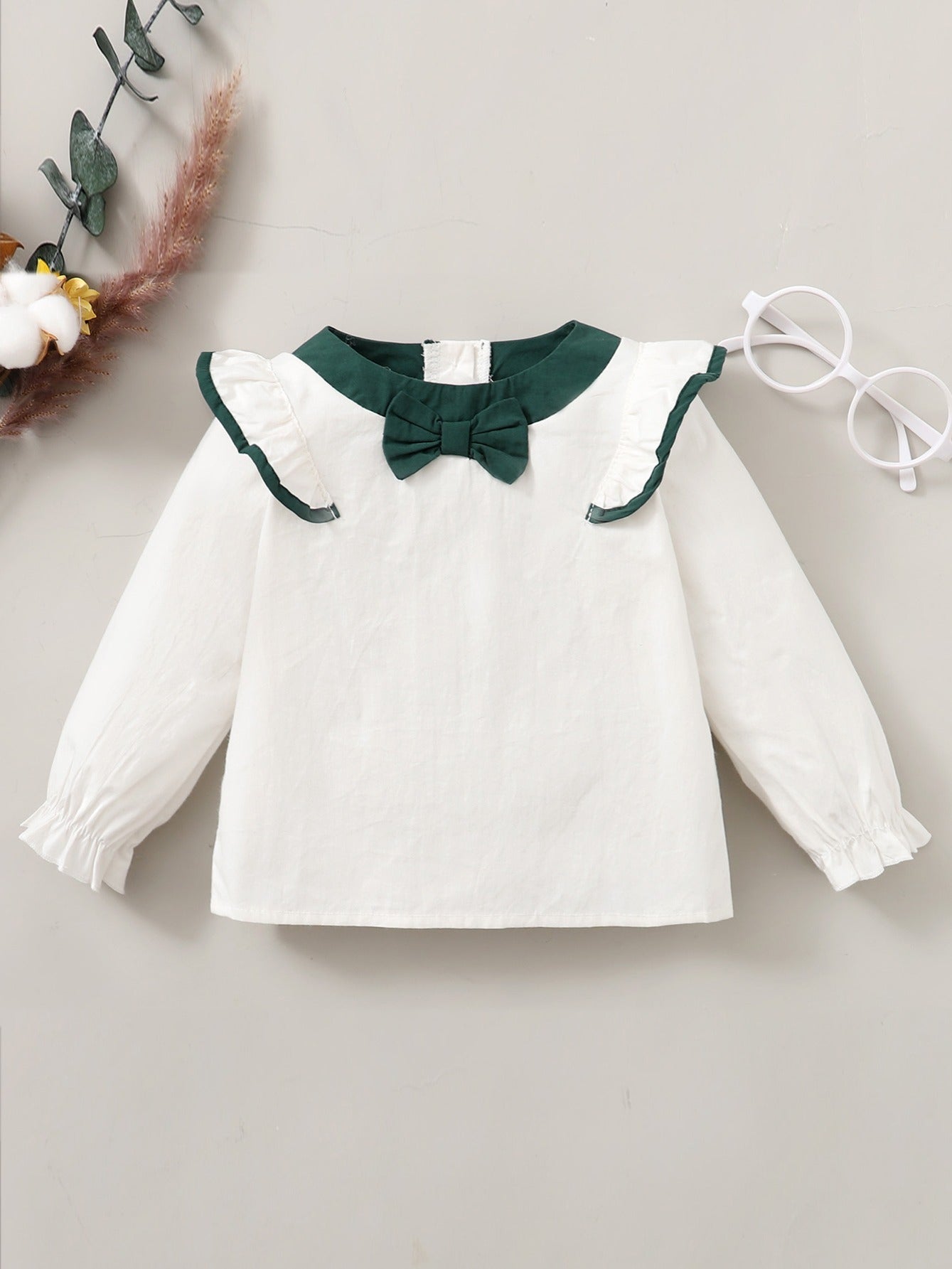 Girls Two-Piece Set with Lace Trim Top and Pants Cotton Solid Spring Fall