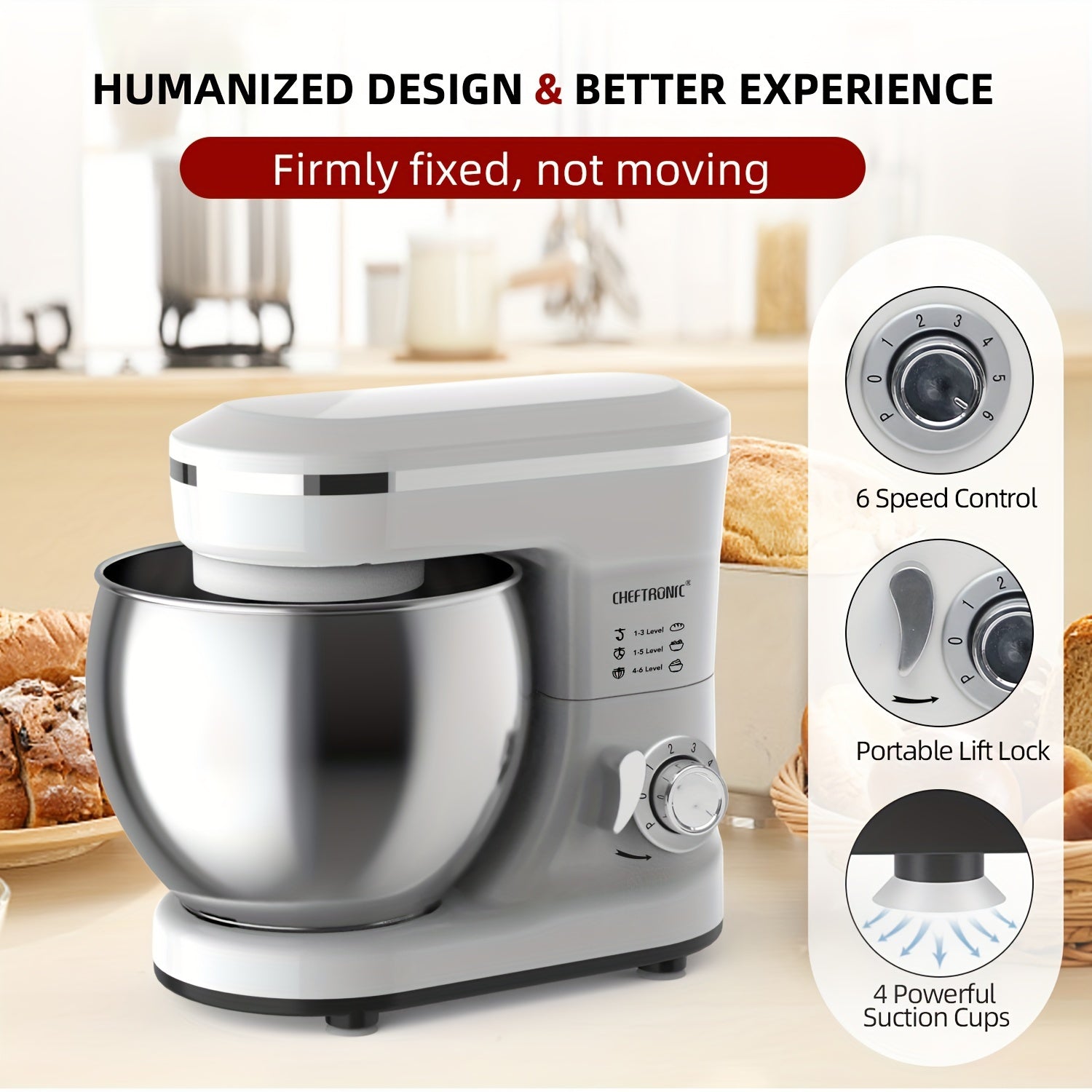 1200W Electric Stand Mixer with 4.2L Stainless Steel Bowl 6-Speed Tilt-Head