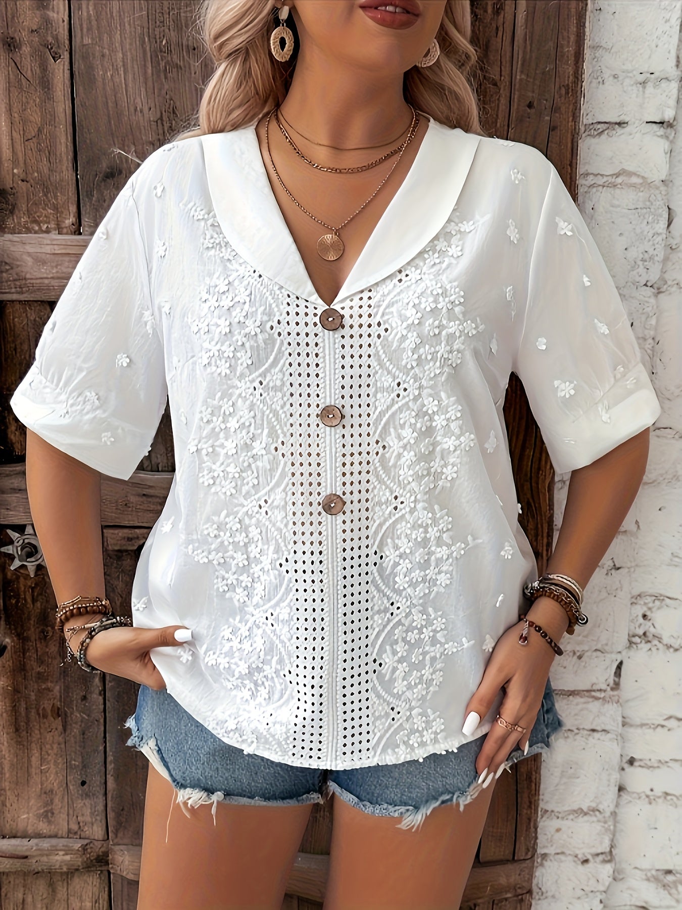 Women's Floral Embroidered Semi-Sheer Summer Blouse White Green Lightweight Top