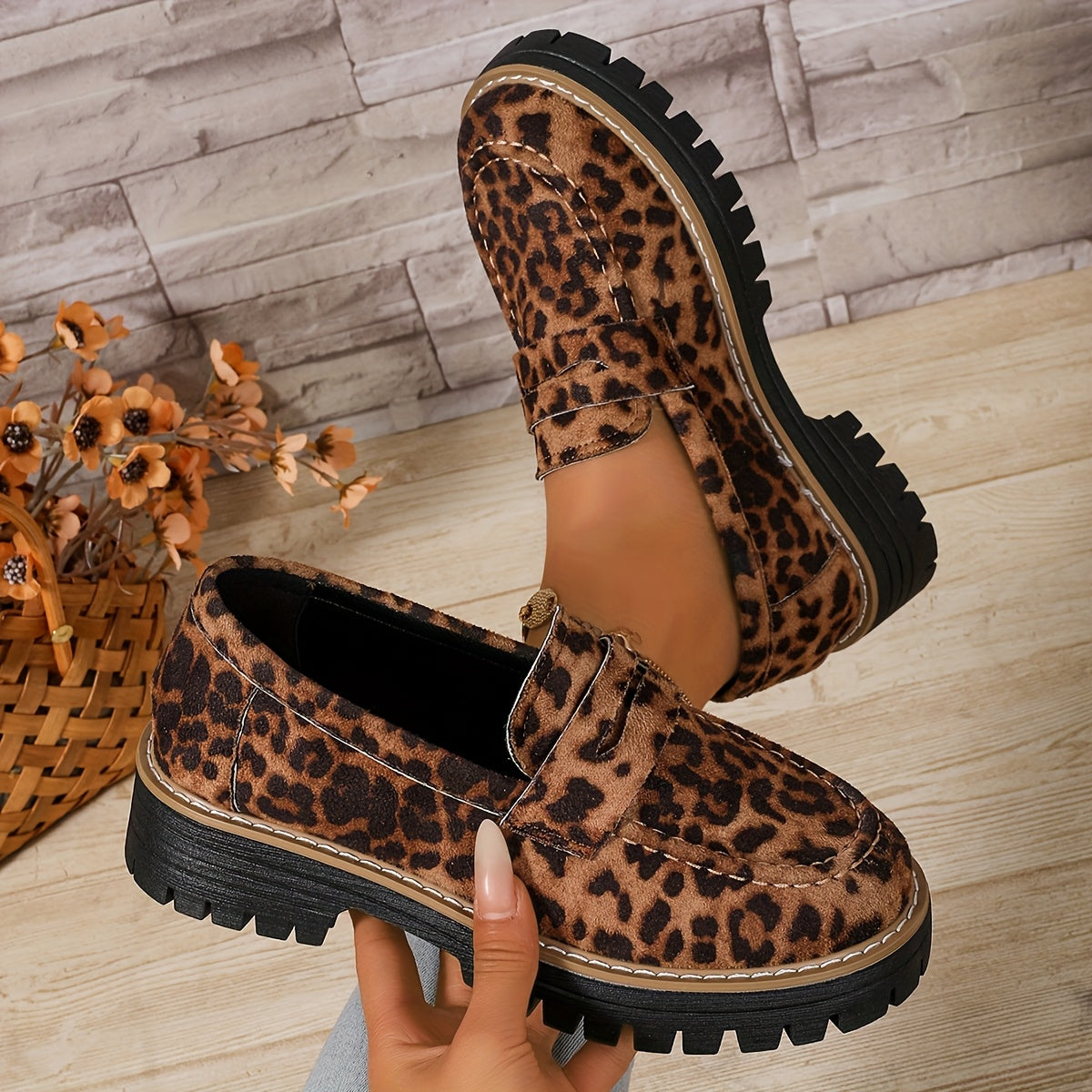 Women's Leopard Print Platform Loafers Wide Fit Casual Flat Shoes