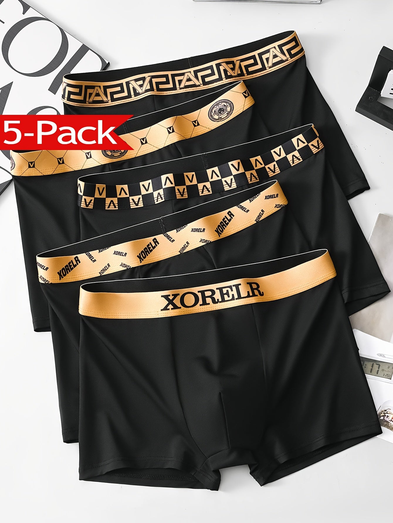 Men's Boxer Briefs 5-Pack Solid Color Polyester with Contrast Waistband and Cross Straps