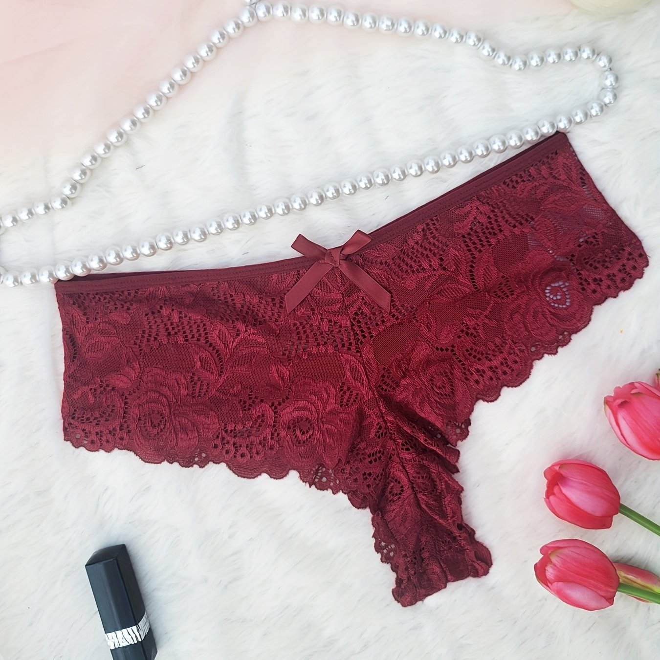 Bragas de encaje transparente de talla grande para mujer, con borde de encaje, flores rojas, de tiro medio