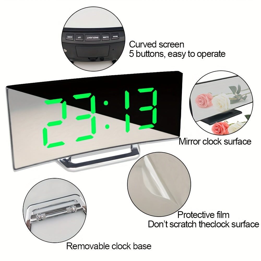 Digital LED Curved Alarm Clock with Snooze Mirror Desk Clock for Home Office Decor