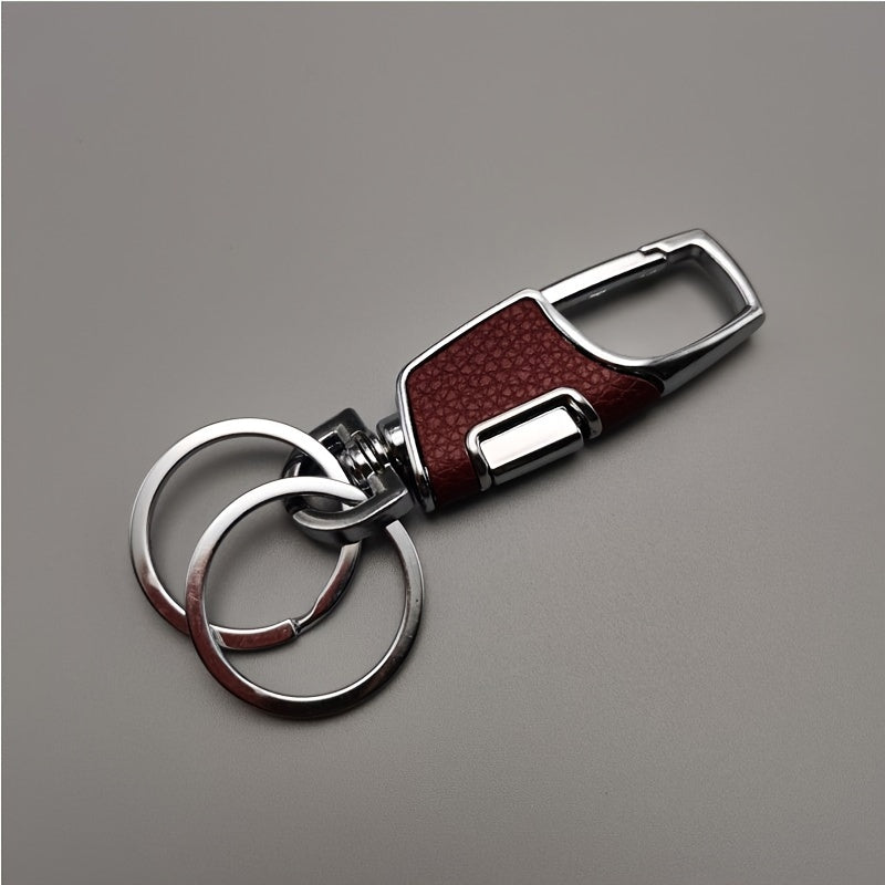 Men Metal Car Keychain with One-Touch Opening and Leather Key Ring