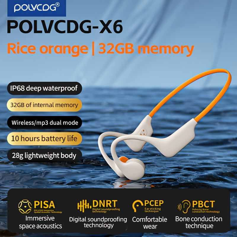 Беспроводные наушники POLVCDG X6 с костной проводимостью, IPX-8, 10 часов работы от батареи, 32 ГБ памяти, легкий дизайн, звукоизоляция, управление громкостью и конденсаторный микрофон. Подходят для плавания, велоспорта.