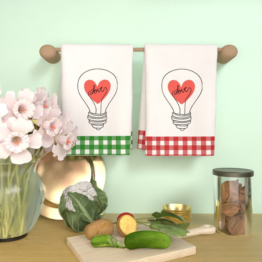 Valentine's Day Heart Bulb Kitchen Towels Set of 2 45x66cm Soft Absorbent Quick-Dry