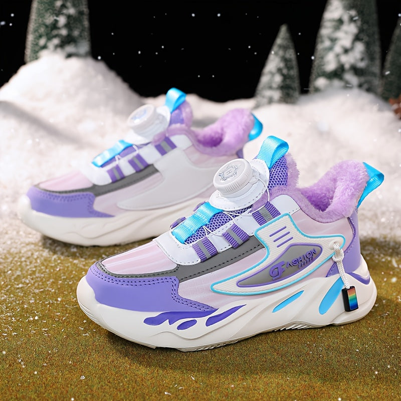 Girls Fleece-Lined Athletic Sneakers Stripes Mid-Top Casual Running Shoes