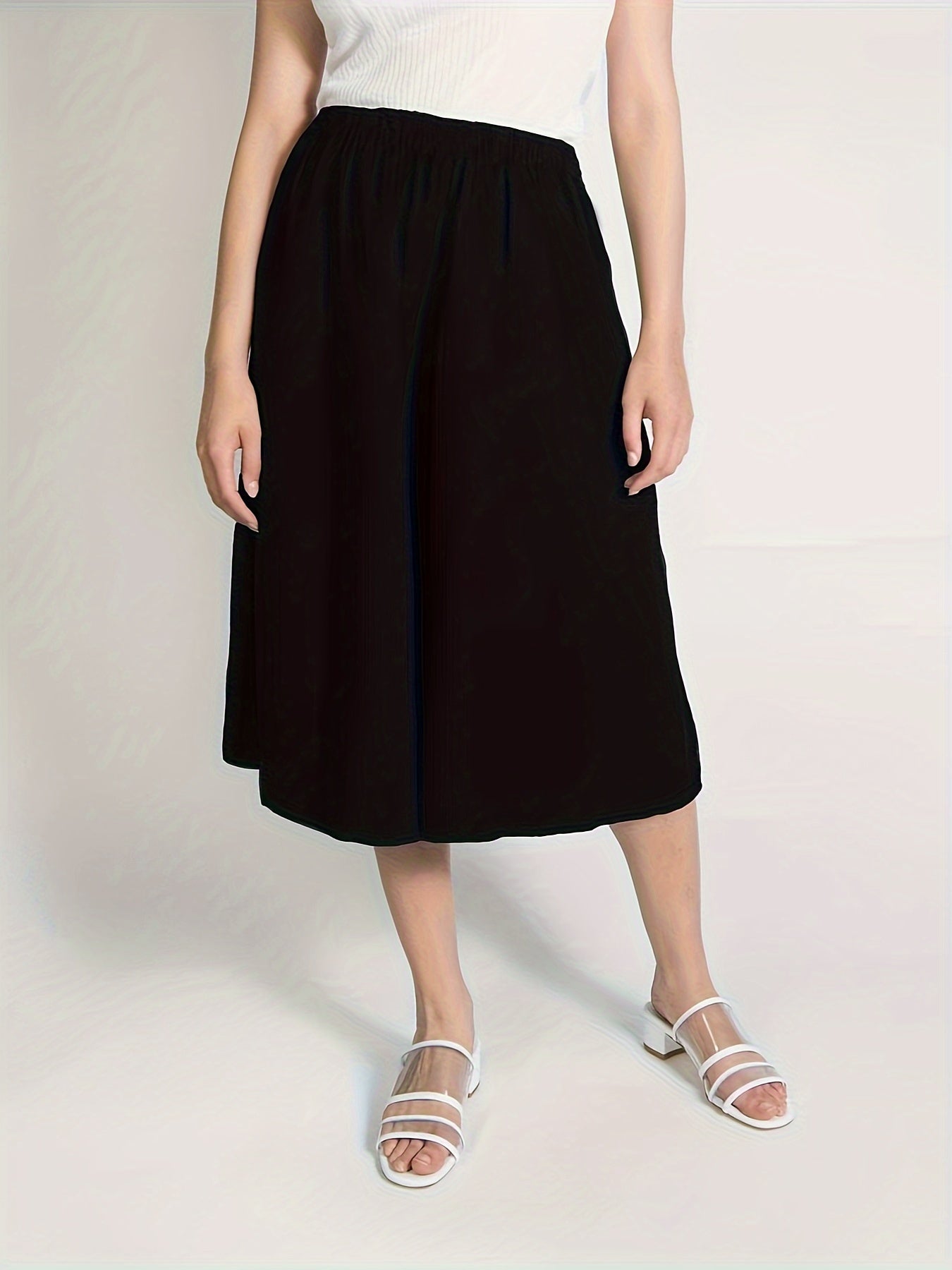 Pantalones capri de mujer de talla grande con pierna ancha, cintura elástica, verano casual