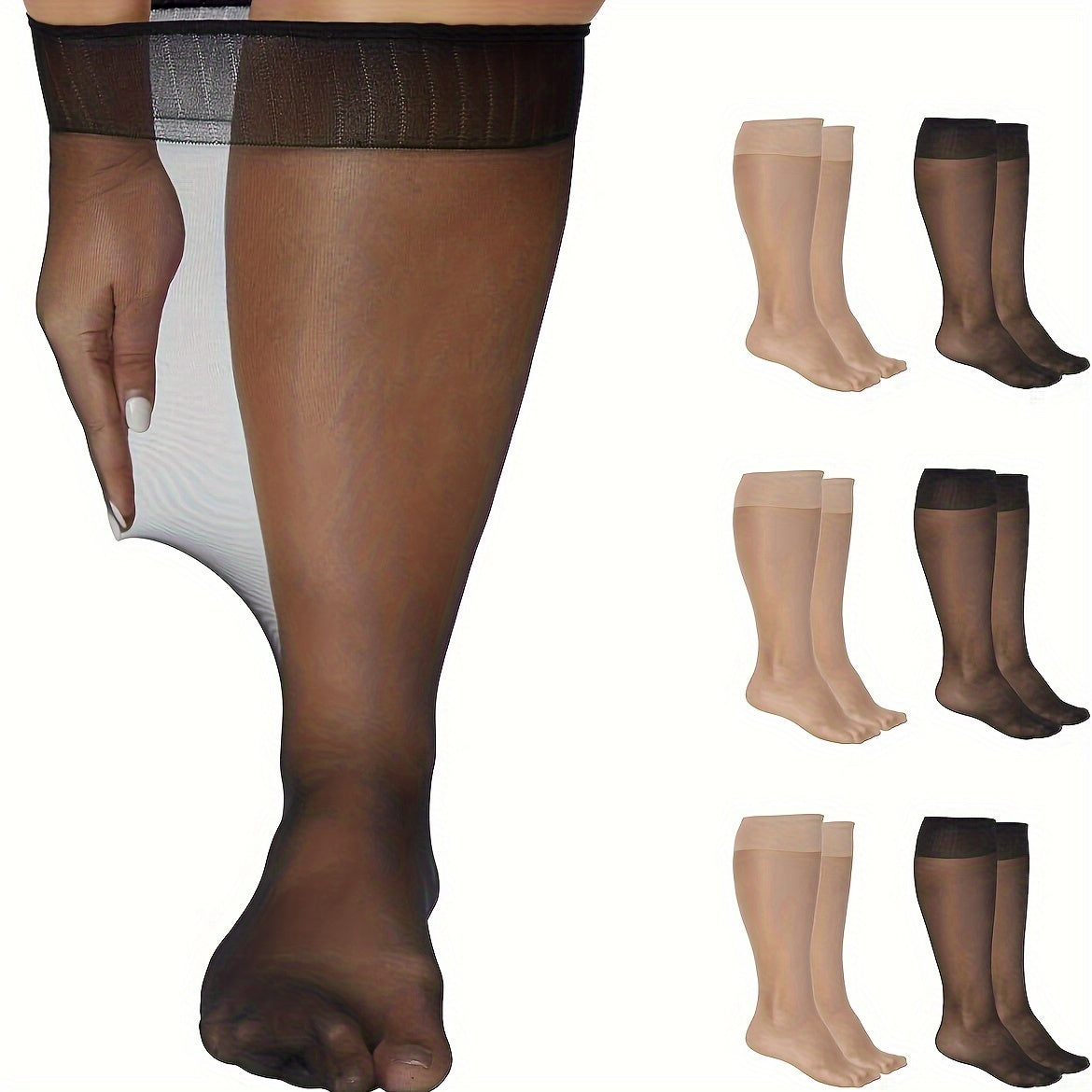 Plus Size Women's Casual Calf Socks Set of 6 Solid Color Knee-High Thin Stretchy Summer Socks