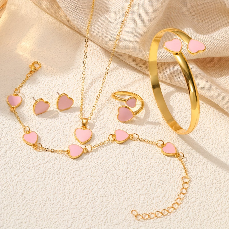 Women Sparkling Heart Jewelry Set 5 Pieces Necklace Bracelet Ring Earrings Gift