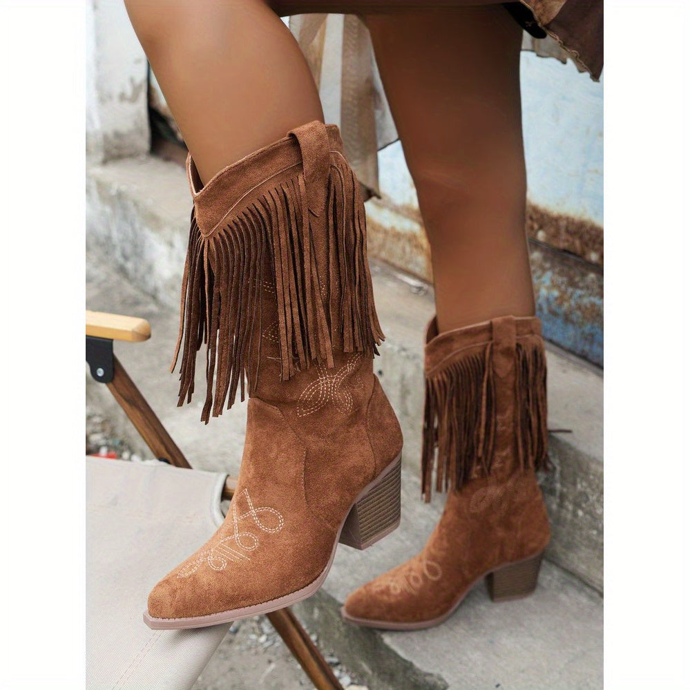Women’s Pointed Toe Fringe Western Cowboy Boots Fabric With Rubber Sole