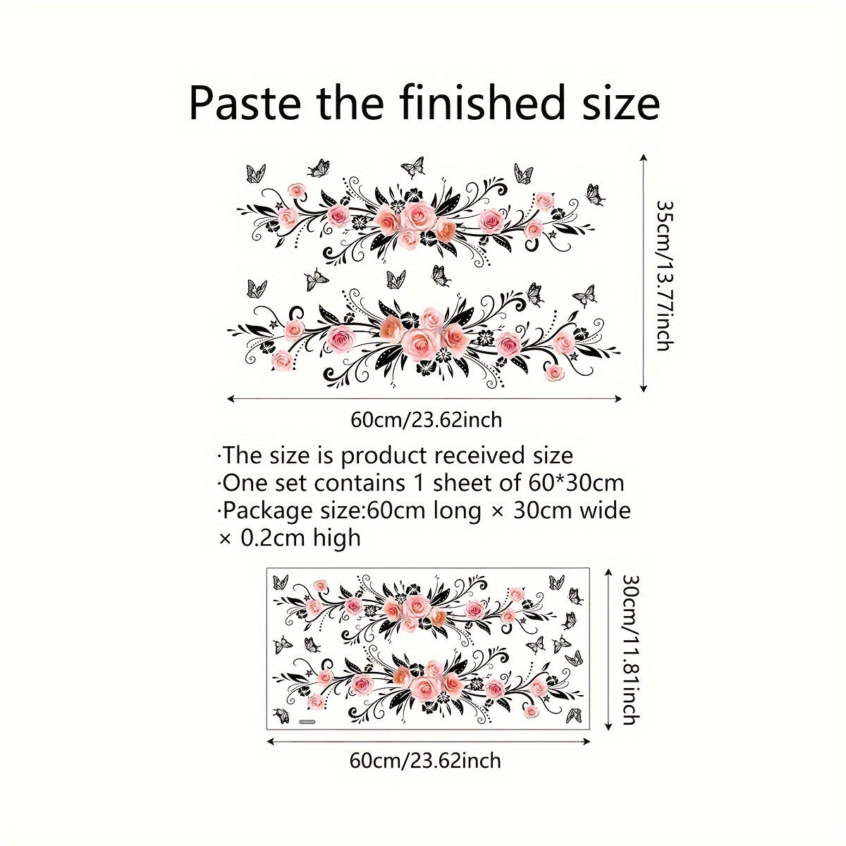 Pink Rose and Black Butterfly Wall Decals for Bathroom and Living Room