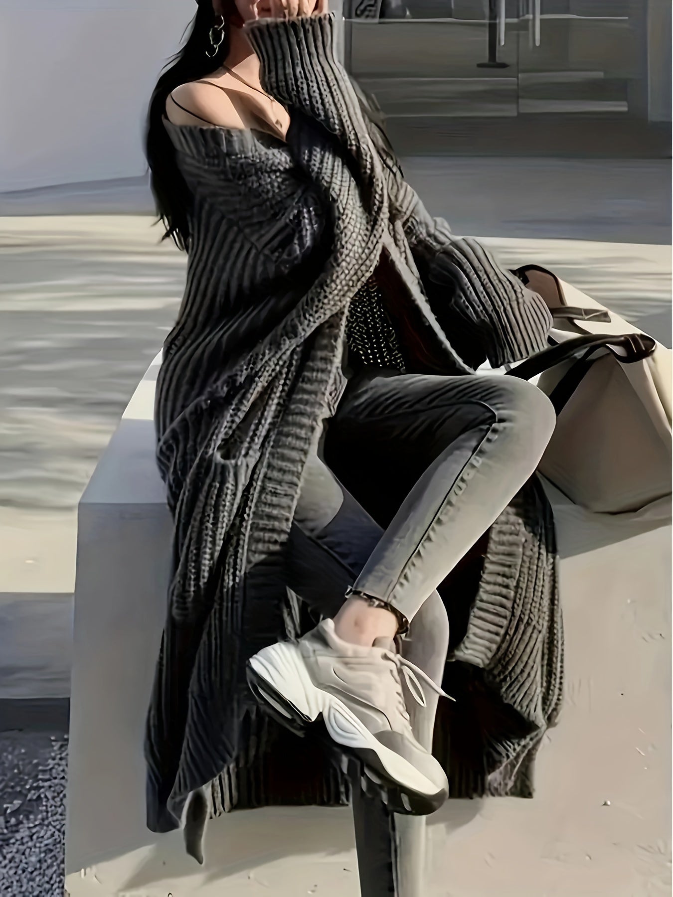 Women's Gray Long Cardigan with Pockets V-Neck Knit Sweater Coat for Fall Winter