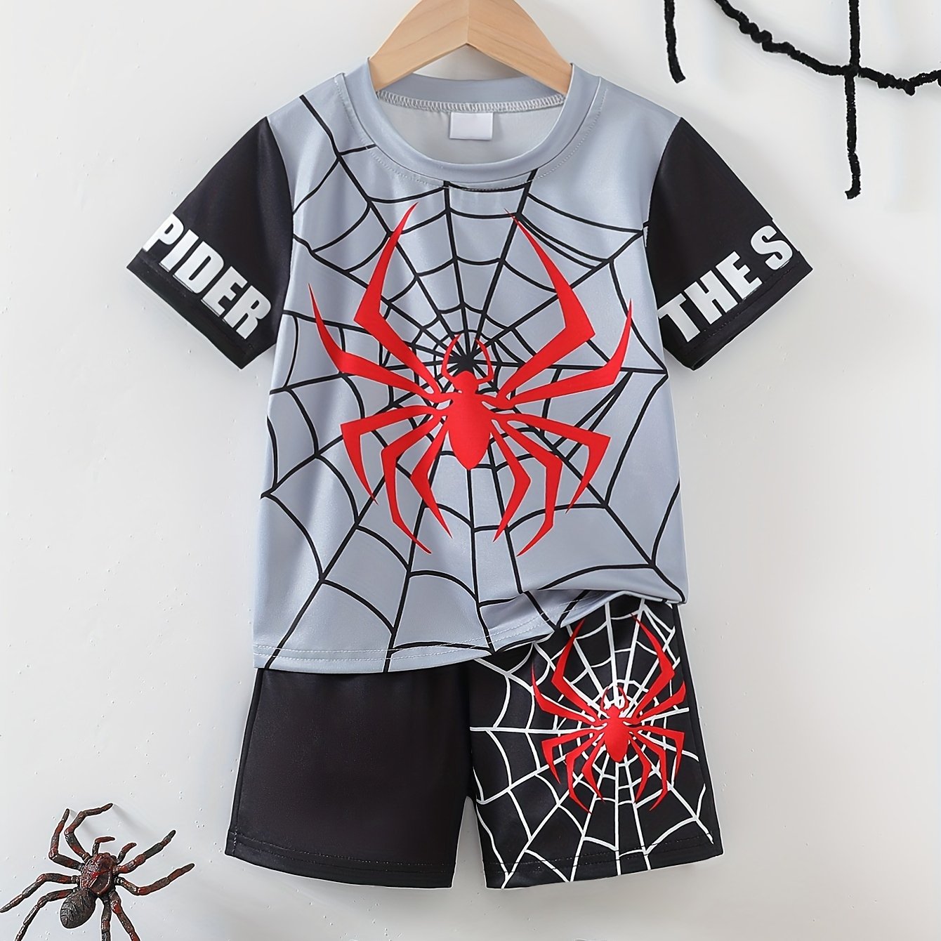 Kids Boys Spider Graphic Print T-Shirt and Shorts Set for Summer Comfort