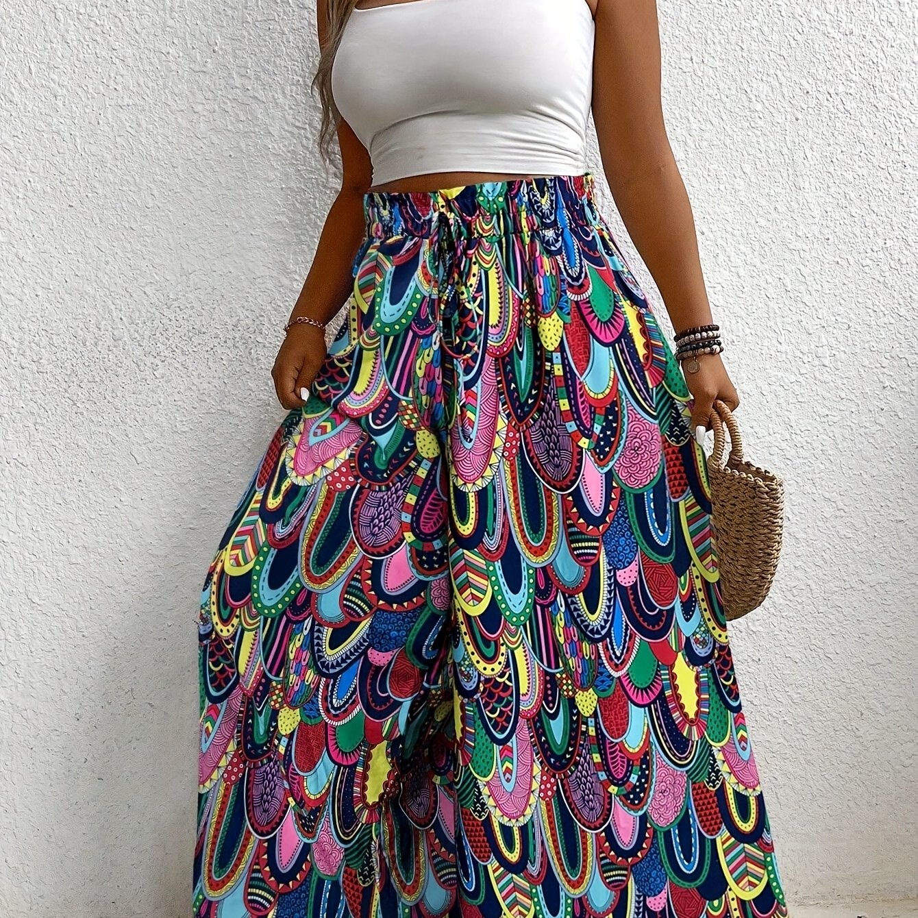 Women's Wide-Leg Beach Pants with Paisley Print Elastic Waist Casual