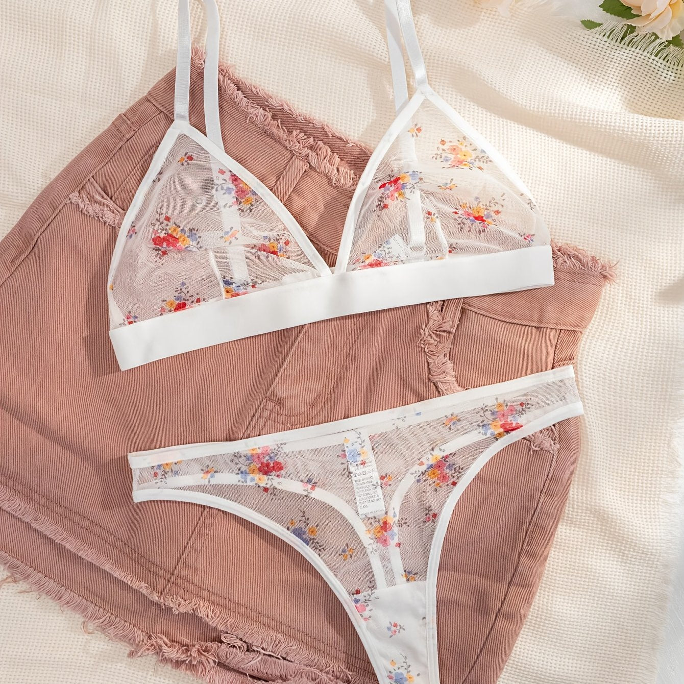 Mesh Printed Triangle Cup Lingerie Thong Set 2 Piece