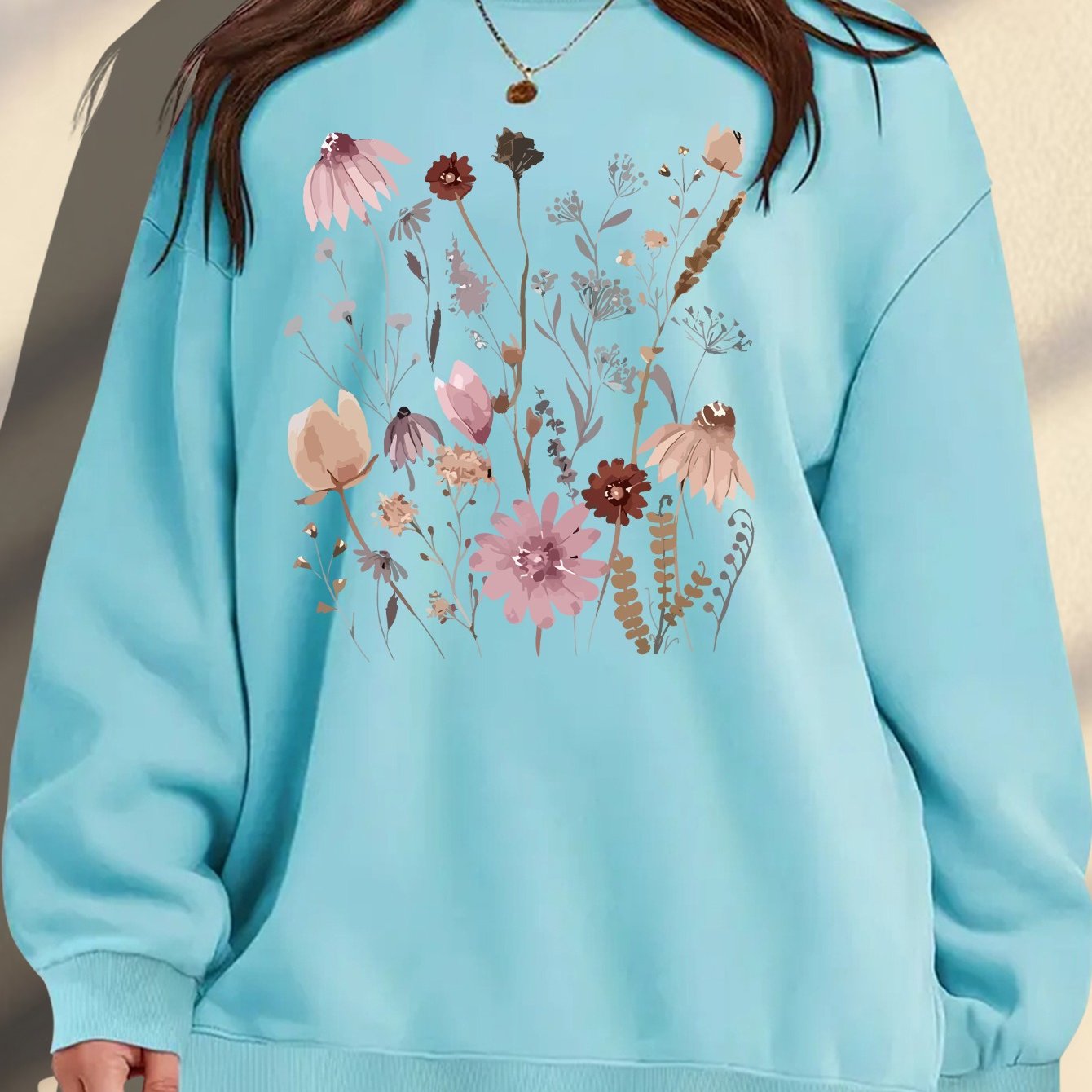 Women's Plus Size Floral Print Sweatshirt Cozy Maroon Pullover Autumn Wear