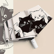 Cartoon Kittens Printed Automatic Umbrella UV Protection Black and White Reinforced Frame