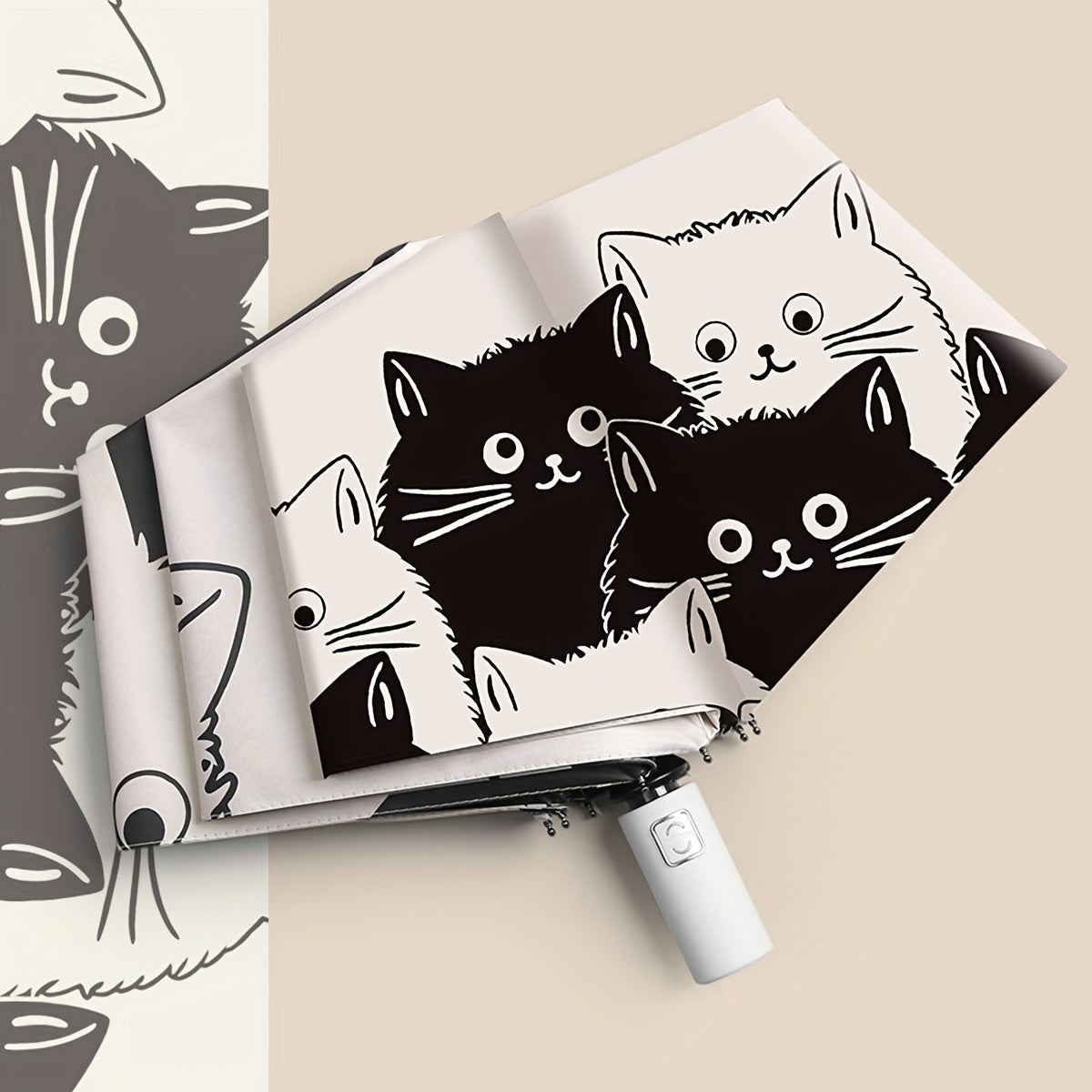 Cartoon Kittens Printed Automatic Umbrella UV Protection Black and White Reinforced Frame