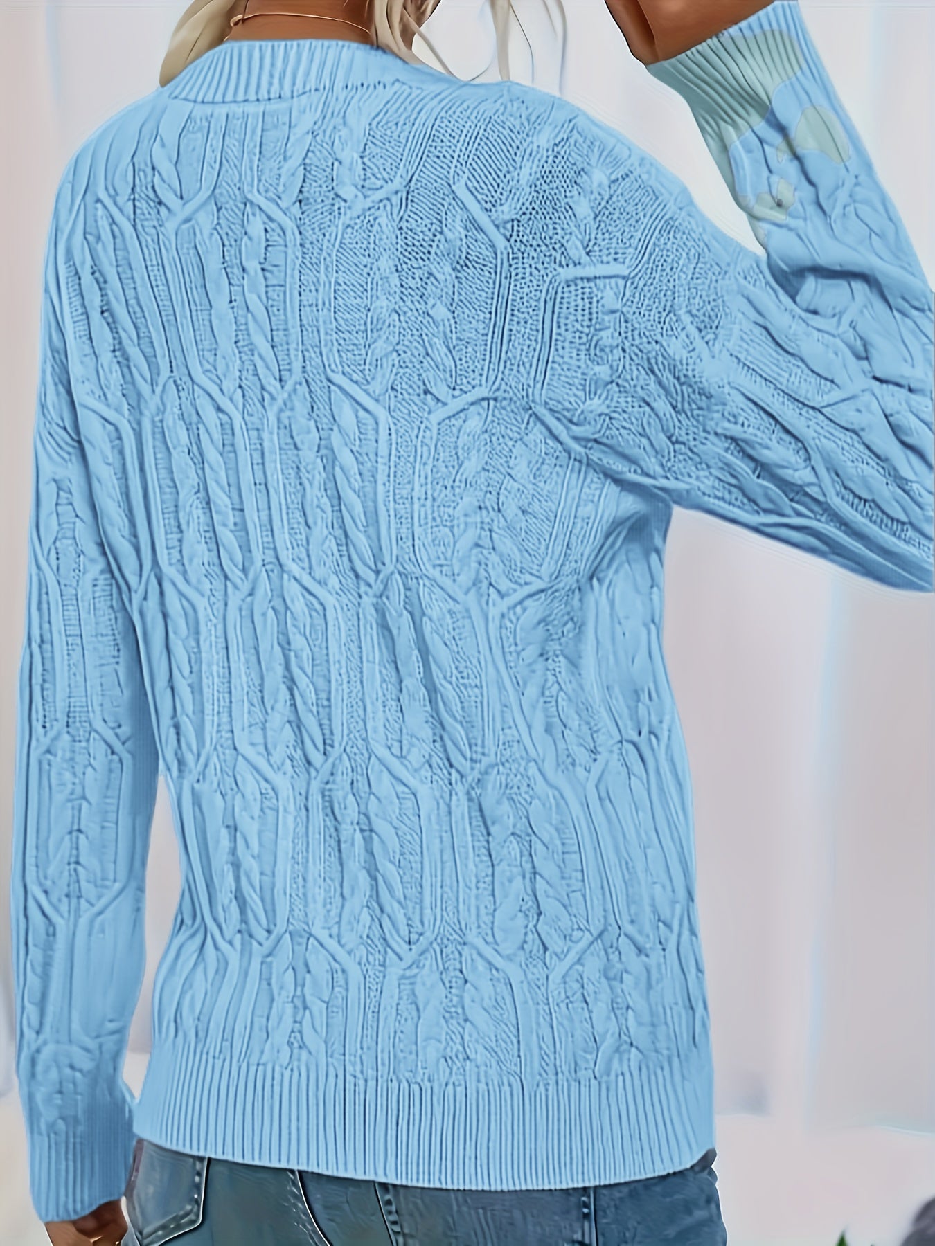 Plus Size Women's Blue Textured Cable Sweater Pullover Long Sleeve Casual Knit
