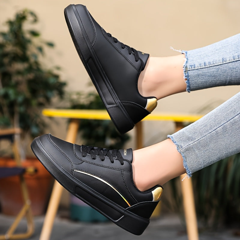 Women’s White Casual Sneakers with Gold Accents Breathable Lightweight Shoes