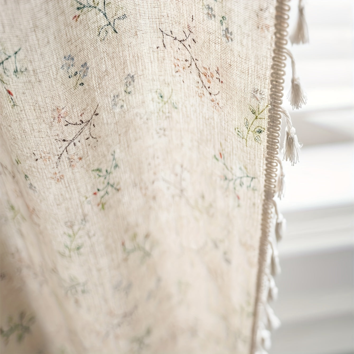 Bohemian Floral Milk-White Linen Curtain with Semi-Shading for Living Room Bedroom Office