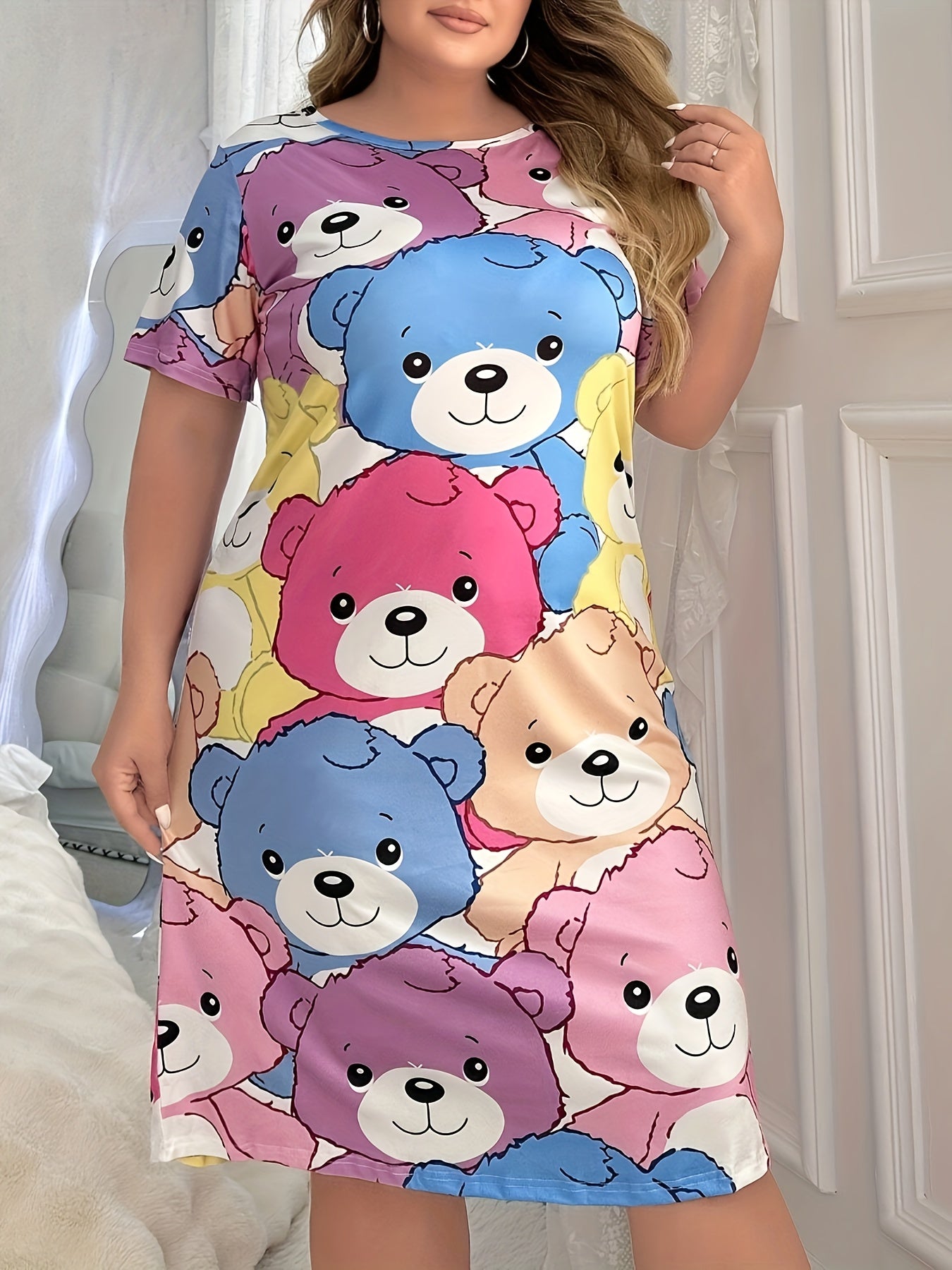Vestido de dormir con estampado de oso de dibujos animados para mujer, suave, de manga corta, para todas las estaciones