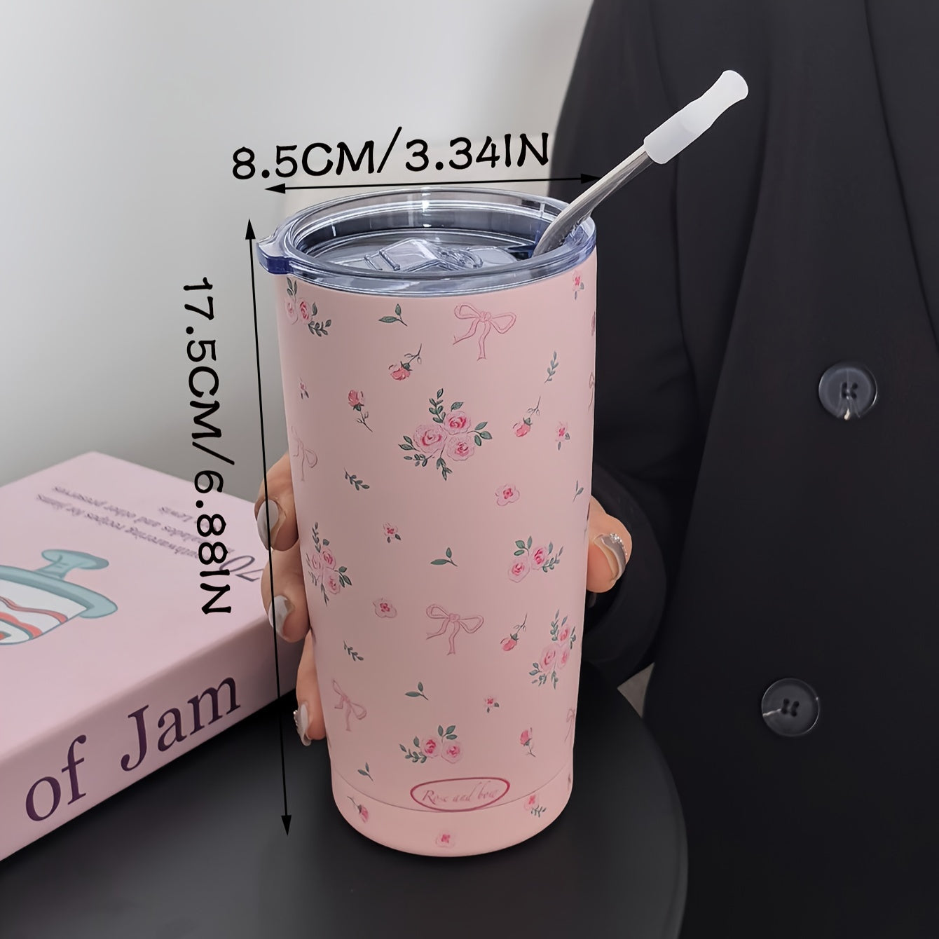 Insulated Stainless Steel Travel Mug with Rose Floral Butterfly Design Double Wall Hot Cold Beverage Tumbler
