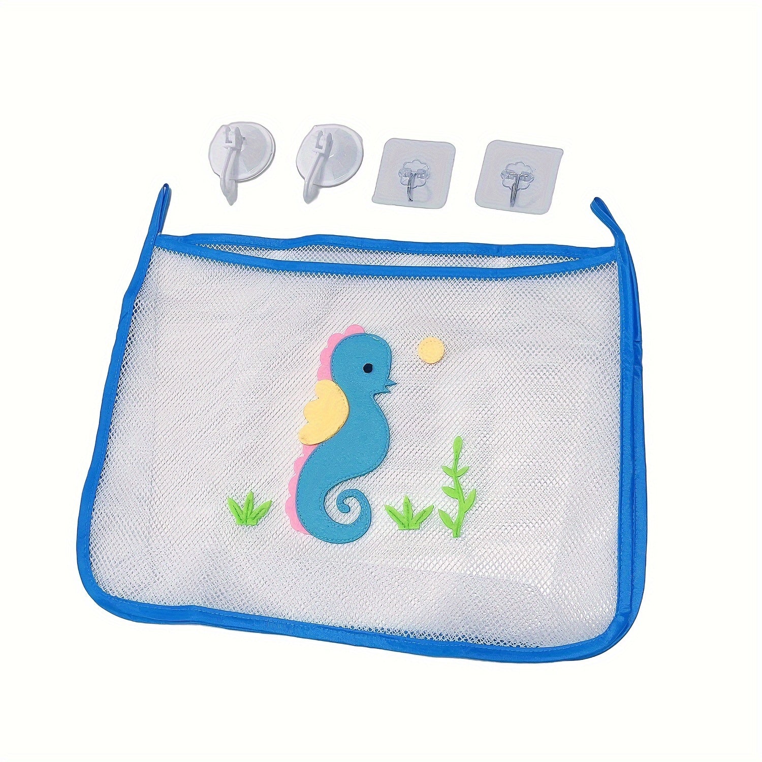 Bathroom Toy Organizer Mesh Storage Bag with Hooks for Wall Mounting on Glass and Tile Surfaces