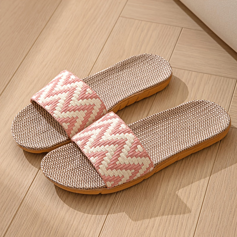 Unisex Linen Slip-On Slippers with Chevron Pattern Non-Slip EVA Sole