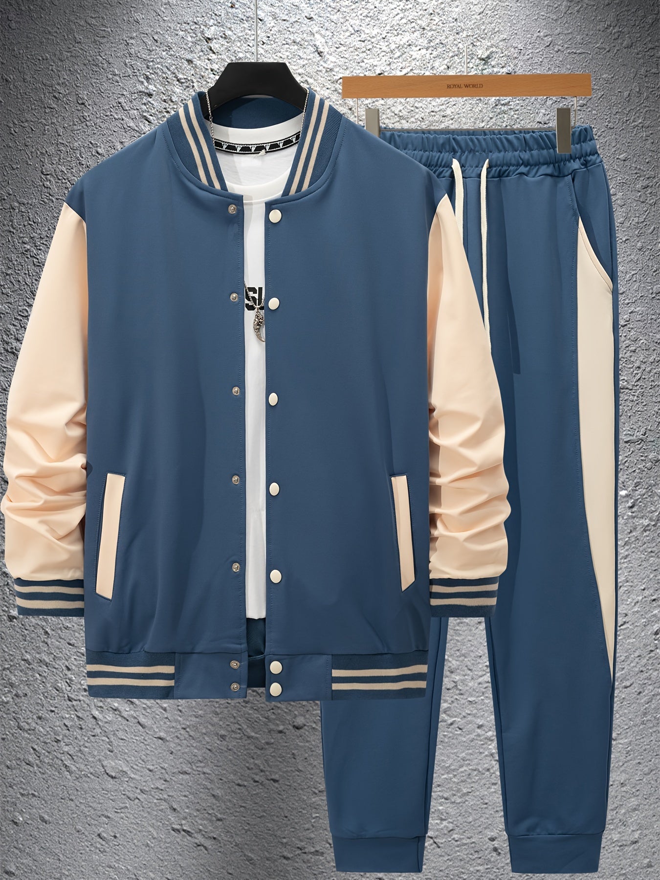Men's Polyester Color Block Casual Baseball Collar Jacket and Sweatpants Set for Spring Fall