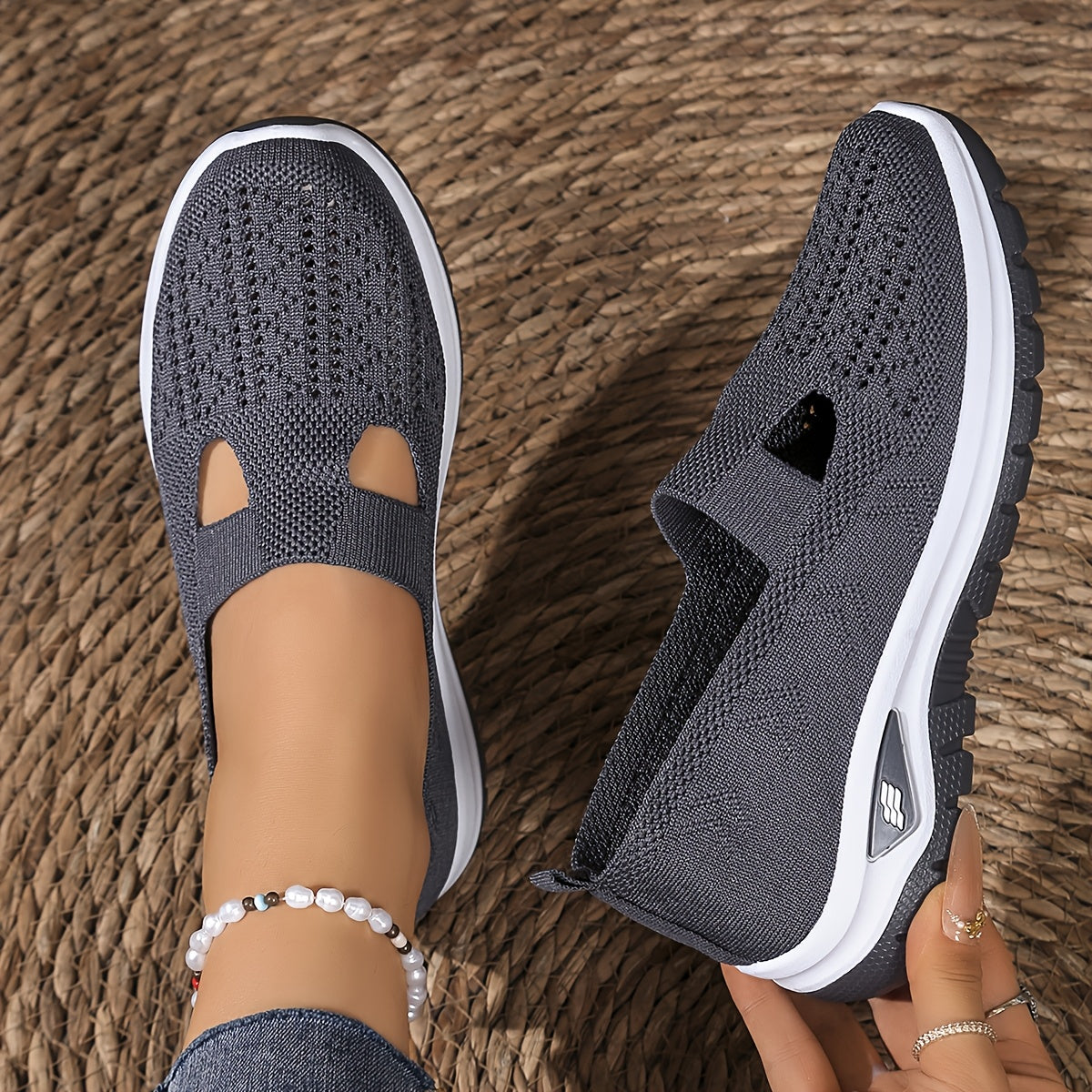 Women's Slip-On Sneakers Breathable Light Blue/Black Slip-On Walking Shoes