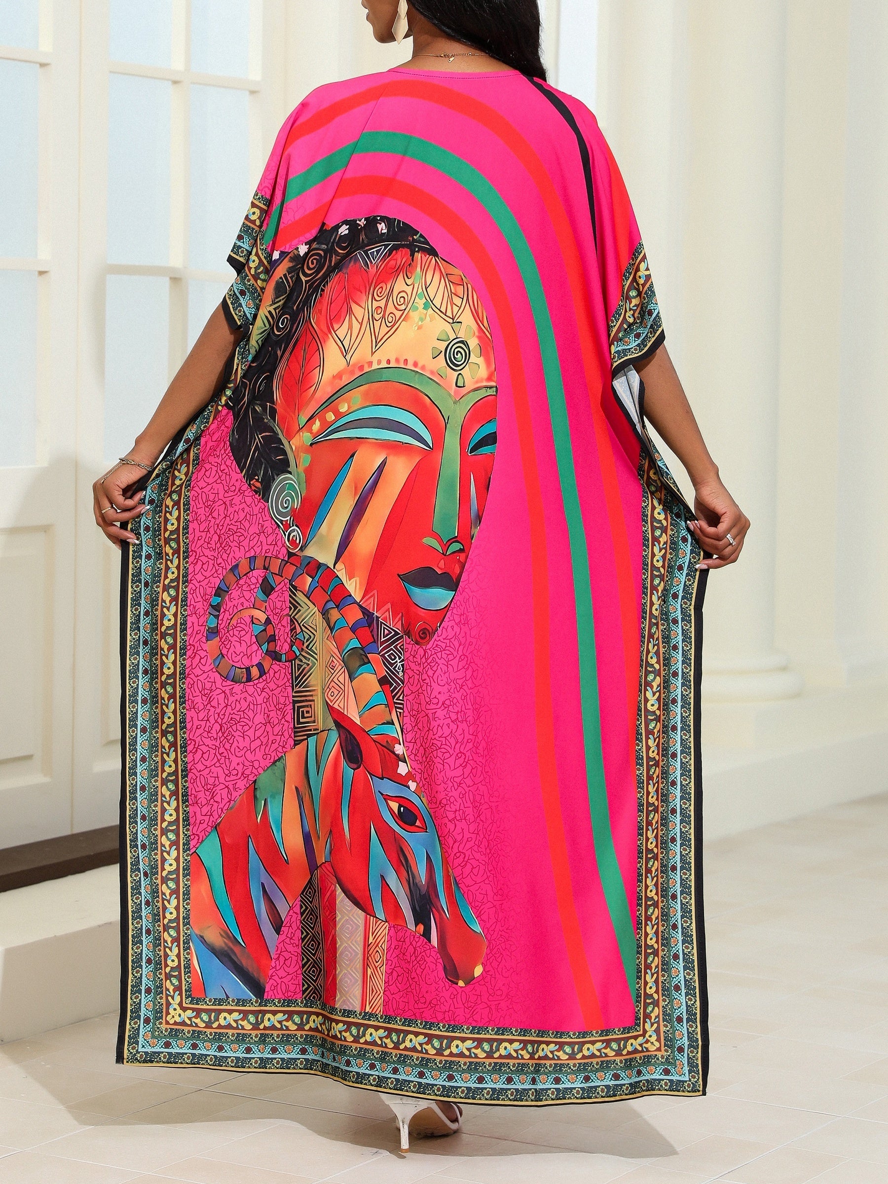 Plus Size Boho Cover Up Dress with V-Neck Short Sleeve Patterned Woven Polyester