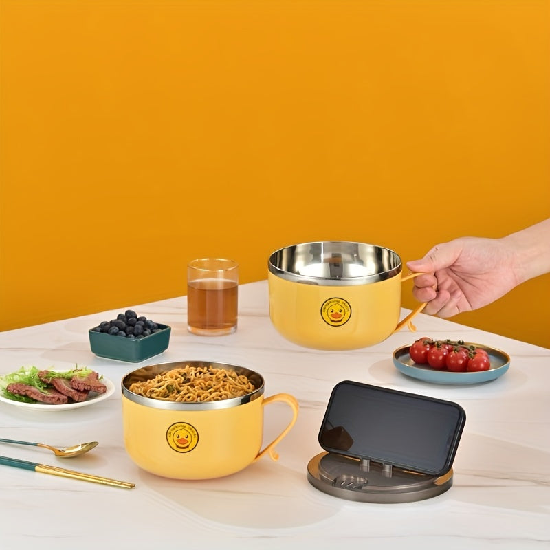 Stainless Steel Noodle Bowl with Lid Drainage Handles Heat-Resistant for Dormitory