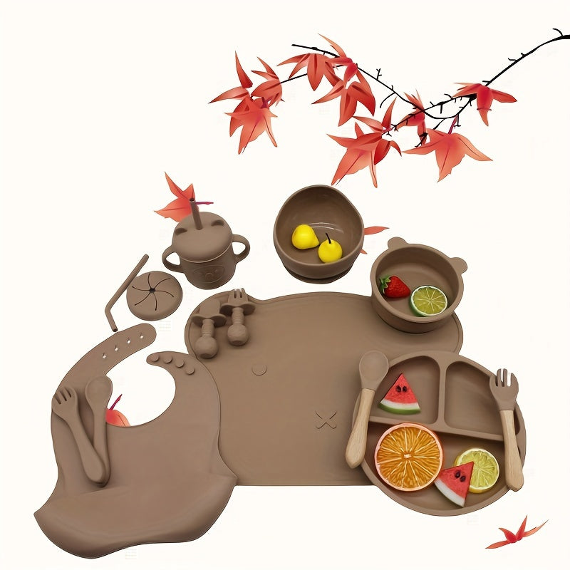 Children's Silicone Feeding Set 9pcs Divided Plates Sucker Bowl Bib Drinking Cup