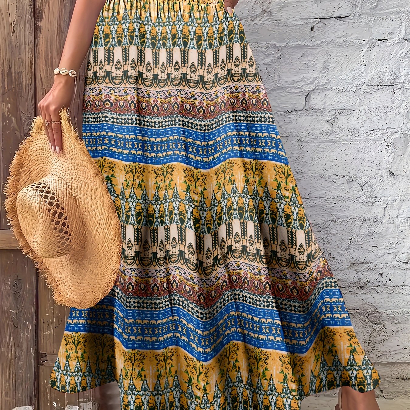 Falda larga bohemia tropical para mujer con cintura alta y volantes para la playa