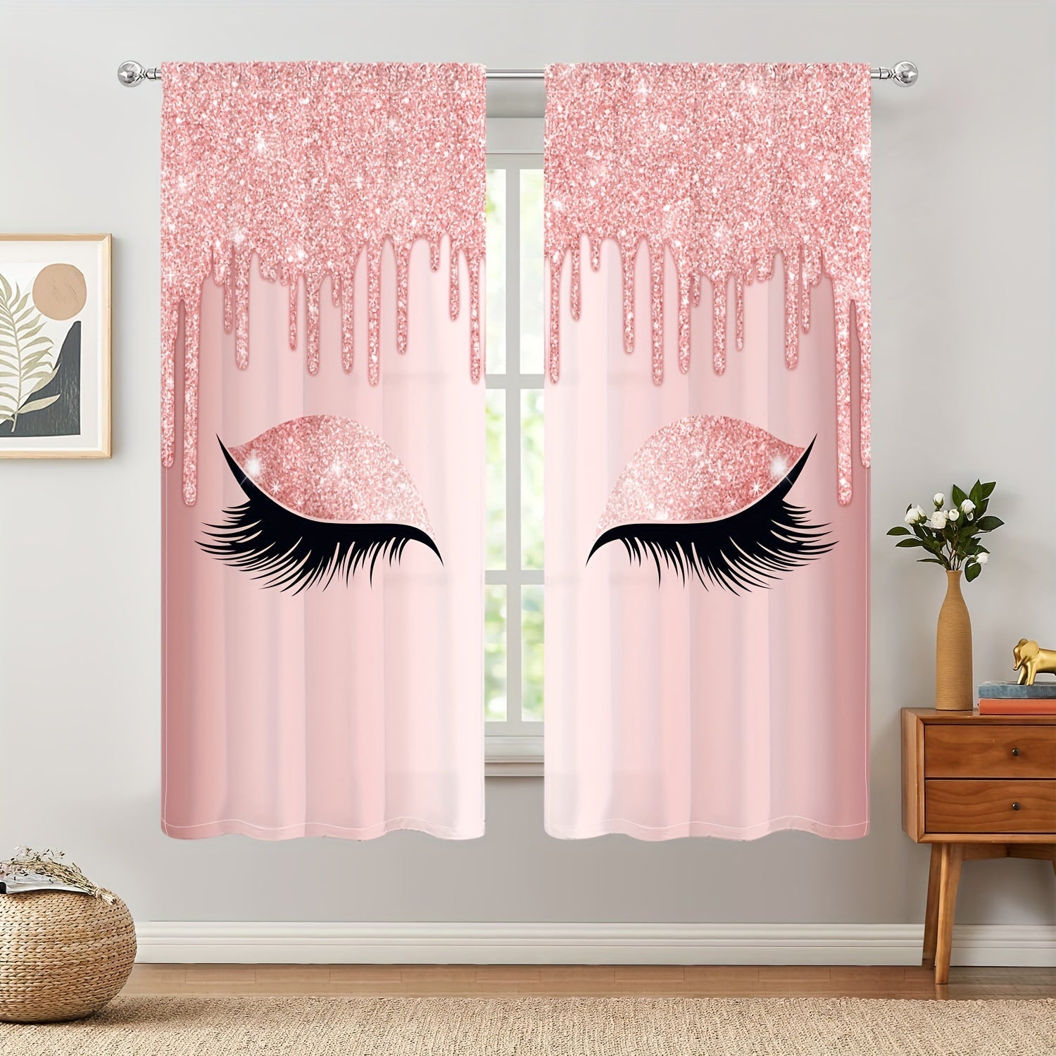 Set of Two Eyelash Printed Curtains, Rod Pocket Window Treatments for Bedroom and Living Room