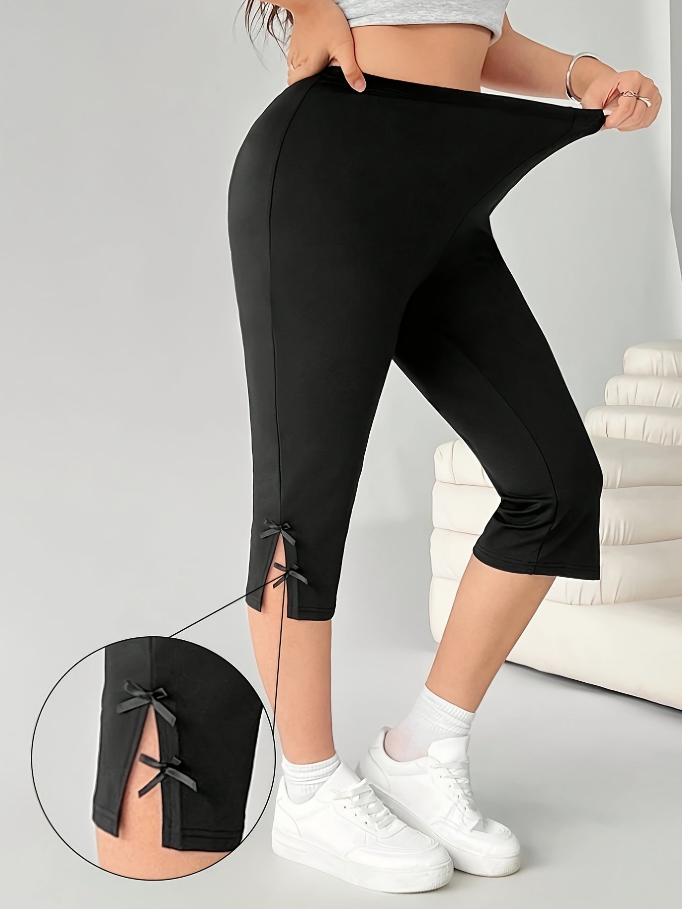 Women's Plus Size Capri Leggings High Waisted 3/4 Length Beige Stretchy