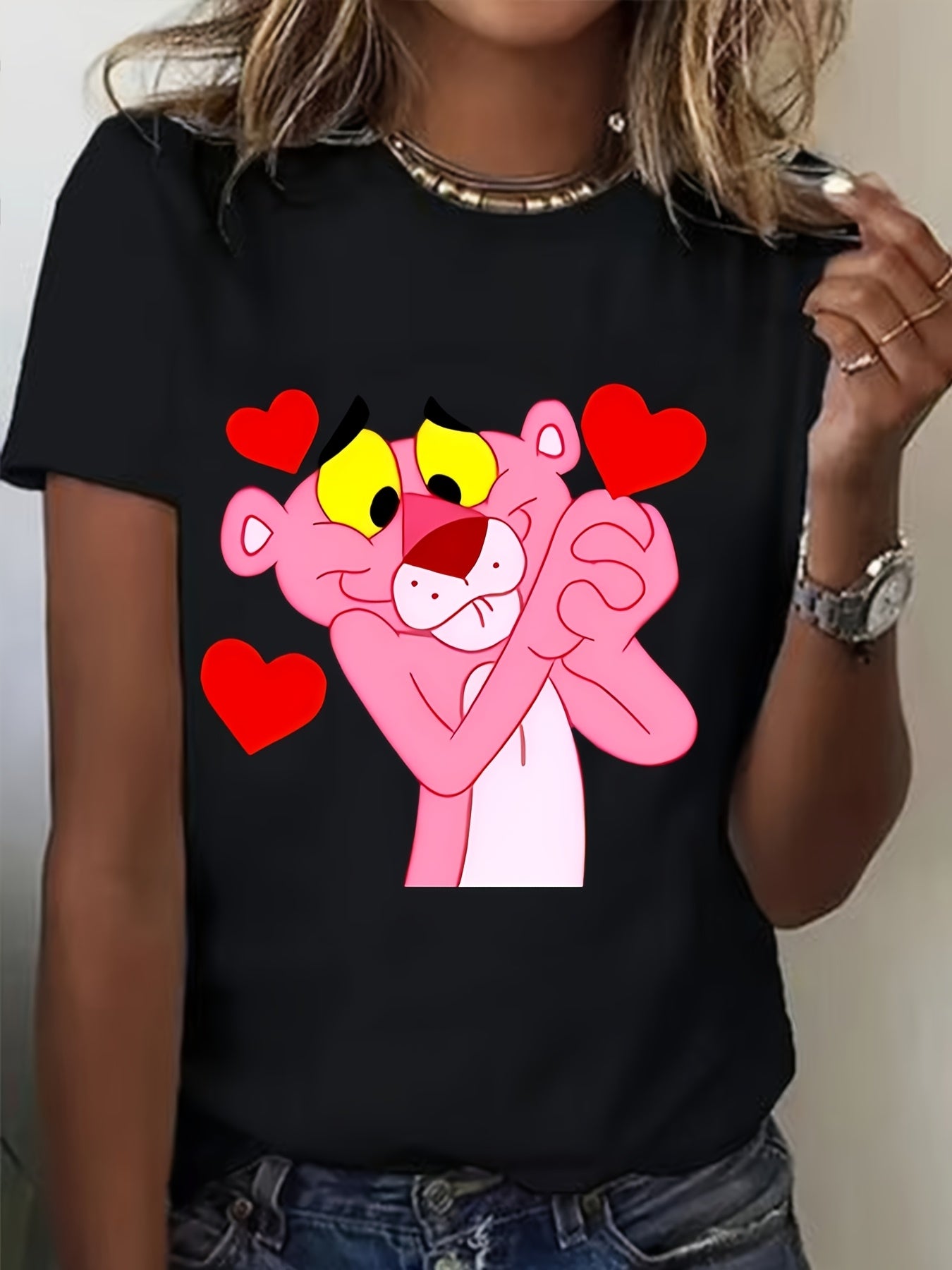 Plus Size Women’s Black Short Sleeve T-Shirt with Pink Panther Print