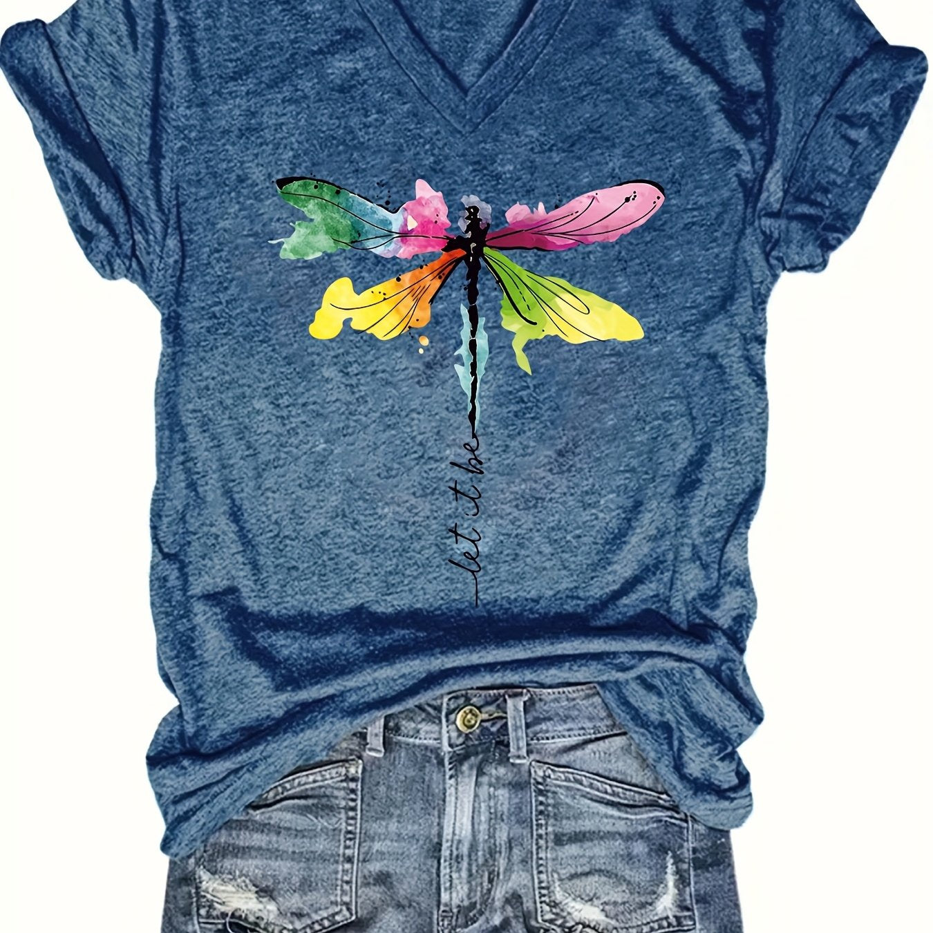 Women's V-Neck Short Sleeve T-Shirt with Vibrant Dragonfly Print Lightweight Casual Top