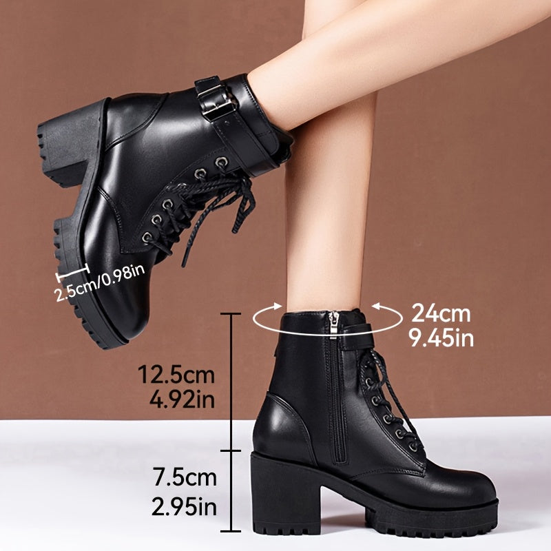 Women’s Leather Lace-Up High Heeled Short Boots Black