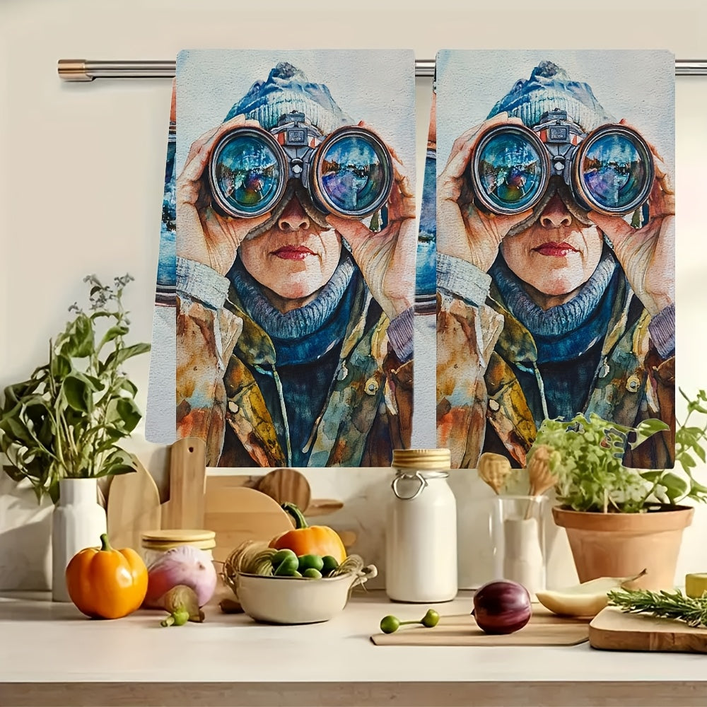 Set of 2 Ultra Soft Kitchen Towels Binoculars Scene Absorbent Dish Towels 16x24 Inches