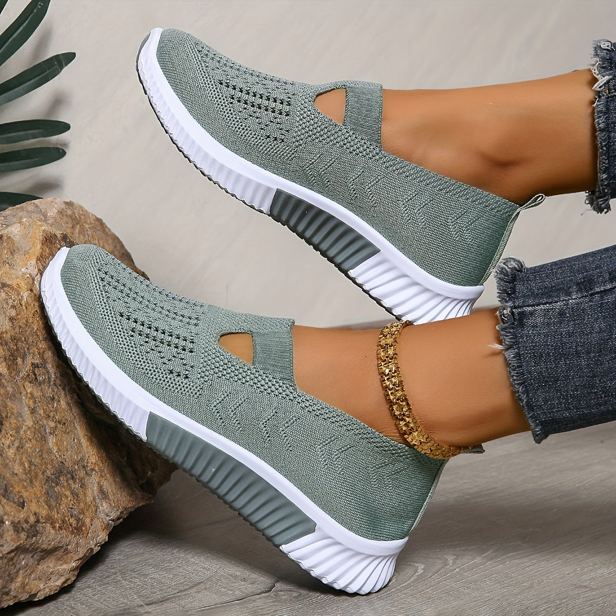 Women's Breathable Slip-On Sneakers Knit Fabric All-Season Walking Shoes