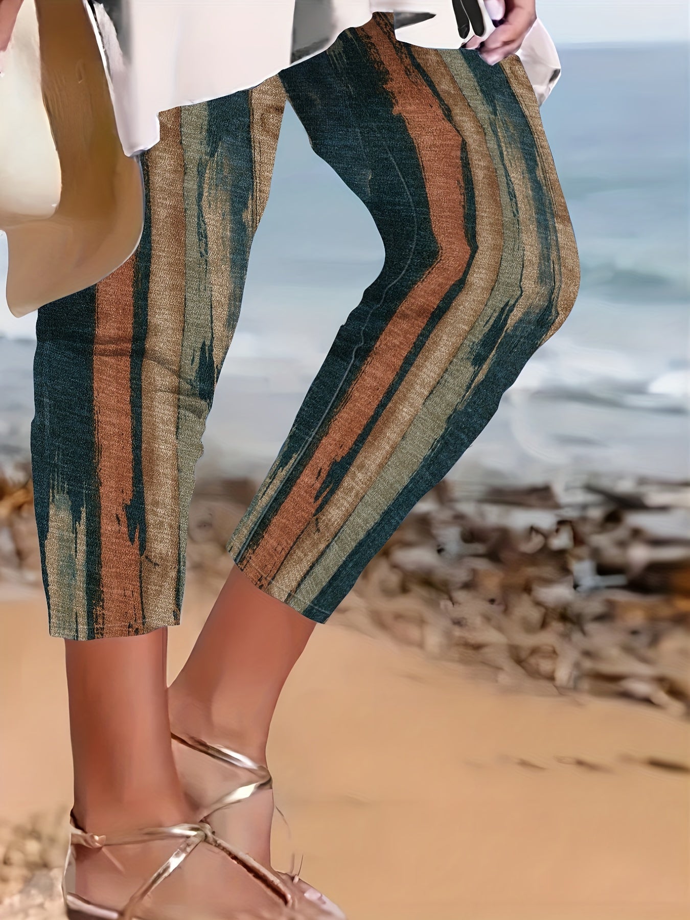 Pantalones ajustados de corte slim, de tamaño plus para mujer, de rayas casuales, con cintura alta y elastico