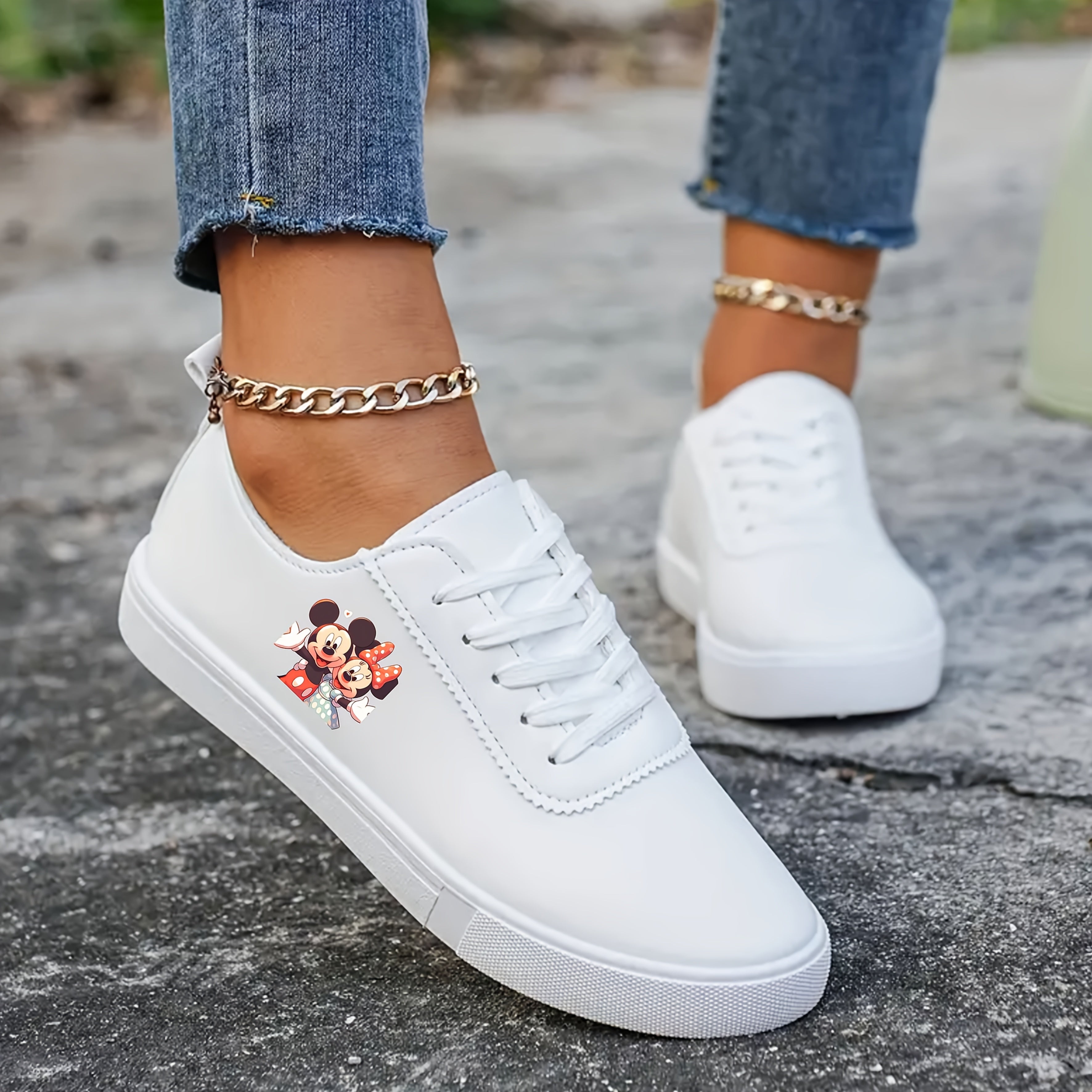 Women's White Canvas Low Top Sneakers Cartoon Character Casual Shoes