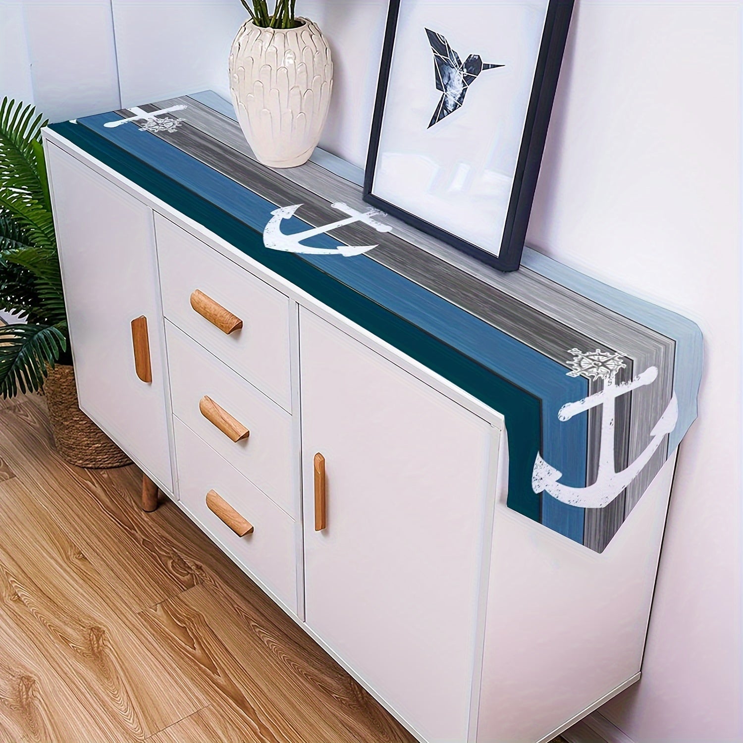 Nautical Table Runner Anchor and Compass Design Gray Blue Wood Grain 13x48 13x72 13x108