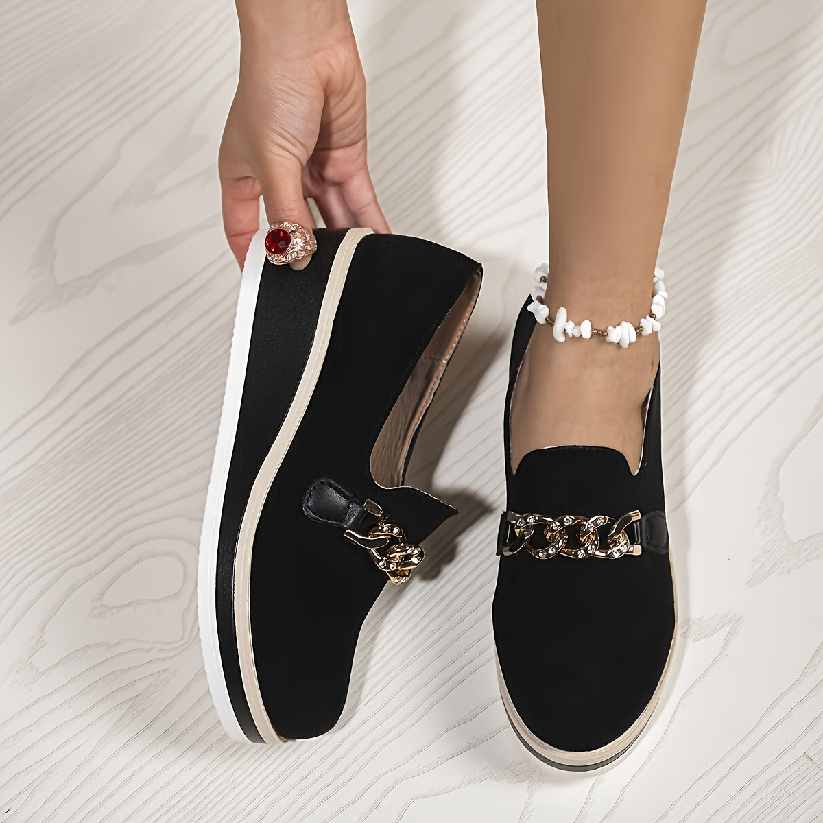 Women's Black Slip-On Loafers with Gold Chain Rhinestone Accents
