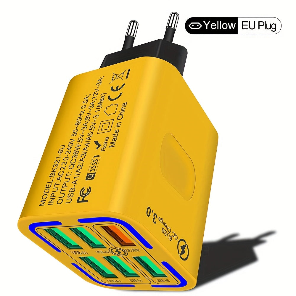 6-Port USB Wall Charger 36W QC3.0 Fast Charging European Plug for iPhone Samsung