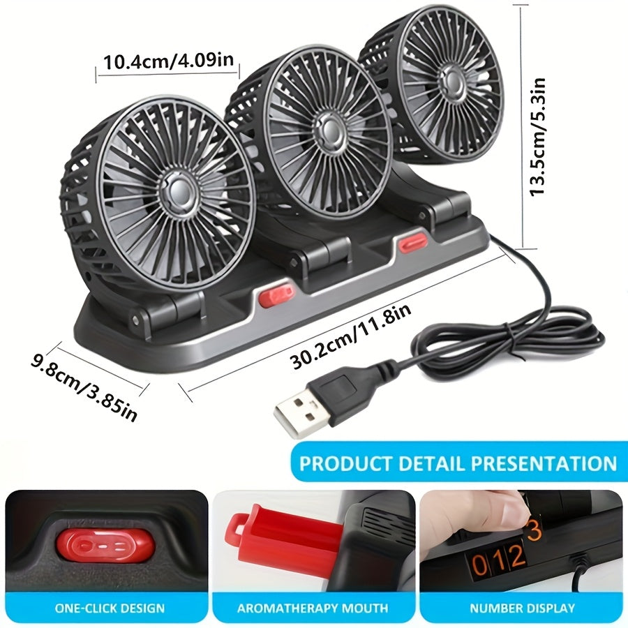 USB 5V Car Fan with Adjustable Three Heads Compact Easy to Install